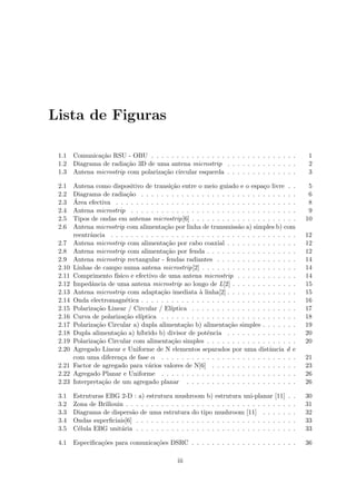 Lista de Figuras
1.1 Comunicação RSU - OBU . . . . . . . . . . . . . . . . . . . . . . . . . . . . . 1
1.2 Diagrama de radiação 3D de uma antena microstrip . . . . . . . . . . . . . . 2
1.3 Antena microstrip com polarização circular esquerda . . . . . . . . . . . . . . 3
2.1 Antena como dispositivo de transição entre o meio guiado e o espaço livre . . 5
2.2 Diagrama de radiação . . . . . . . . . . . . . . . . . . . . . . . . . . . . . . . 6
2.3 Área efectiva . . . . . . . . . . . . . . . . . . . . . . . . . . . . . . . . . . . . 8
2.4 Antena microstrip . . . . . . . . . . . . . . . . . . . . . . . . . . . . . . . . . 9
2.5 Tipos de ondas em antenas microstrip[6] . . . . . . . . . . . . . . . . . . . . . 10
2.6 Antena microstrip com alimentação por linha de transmissão a) simples b) com
reentrância . . . . . . . . . . . . . . . . . . . . . . . . . . . . . . . . . . . . . 12
2.7 Antena microstrip com alimentação por cabo coaxial . . . . . . . . . . . . . . 12
2.8 Antena microstrip com alimentação por fenda . . . . . . . . . . . . . . . . . . 12
2.9 Antena microstrip rectangular - fendas radiantes . . . . . . . . . . . . . . . . 14
2.10 Linhas de campo numa antena microstrip[2] . . . . . . . . . . . . . . . . . . . 14
2.11 Comprimento fı́sico e efectivo de uma antena microstrip . . . . . . . . . . . . 14
2.12 Impedância de uma antena microstrip ao longo de L[2] . . . . . . . . . . . . . 15
2.13 Antena microstrip com adaptação imediata à linha[2] . . . . . . . . . . . . . . 15
2.14 Onda electromagnética . . . . . . . . . . . . . . . . . . . . . . . . . . . . . . . 16
2.15 Polarização Linear / Circular / Elı́ptica . . . . . . . . . . . . . . . . . . . . . 17
2.16 Curva de polarização elı́ptica . . . . . . . . . . . . . . . . . . . . . . . . . . . 18
2.17 Polarização Circular a) dupla alimentação b) alimentação simples . . . . . . . 19
2.18 Dupla alimentação a) hı́brido b) divisor de potência . . . . . . . . . . . . . . 20
2.19 Polarização Circular com alimentação simples . . . . . . . . . . . . . . . . . . 20
2.20 Agregado Linear e Uniforme de N elementos separados por uma distância d e
com uma diferença de fase α . . . . . . . . . . . . . . . . . . . . . . . . . . . 21
2.21 Factor de agregado para vários valores de N[6] . . . . . . . . . . . . . . . . . 23
2.22 Agregado Planar e Uniforme . . . . . . . . . . . . . . . . . . . . . . . . . . . 26
2.23 Interpretação de um agregado planar . . . . . . . . . . . . . . . . . . . . . . 26
3.1 Estruturas EBG 2-D : a) estrutura mushroom b) estrutura uni-planar [11] . . 30
3.2 Zona de Brillouin . . . . . . . . . . . . . . . . . . . . . . . . . . . . . . . . . . 31
3.3 Diagrama de dispersão de uma estrutura do tipo mushroom [11] . . . . . . . 32
3.4 Ondas superficiais[6] . . . . . . . . . . . . . . . . . . . . . . . . . . . . . . . . 33
3.5 Célula EBG unitária . . . . . . . . . . . . . . . . . . . . . . . . . . . . . . . . 33
4.1 Especificações para comunicações DSRC . . . . . . . . . . . . . . . . . . . . . 36
iii
 
