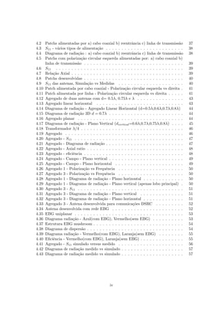 4.2 Patchs alimentadas por a) cabo coaxial b) reentrância c) linha de transmissão 37
4.3 S11 - vários tipos de alimentação . . . . . . . . . . . . . . . . . . . . . . . . . 38
4.4 Diagrama de radiação : a) cabo coaxial b) reentrância c) linha de transmissão 38
4.5 Patchs com polarização circular esquerda alimentadas por: a) cabo coaxial b)
linha de transmissão . . . . . . . . . . . . . . . . . . . . . . . . . . . . . . . . 39
4.6 S11 . . . . . . . . . . . . . . . . . . . . . . . . . . . . . . . . . . . . . . . . . 39
4.7 Relação Axial . . . . . . . . . . . . . . . . . . . . . . . . . . . . . . . . . . . . 39
4.8 Patchs desenvolvidas . . . . . . . . . . . . . . . . . . . . . . . . . . . . . . . . 40
4.9 S11 das antenas, Simulação vs Medidas . . . . . . . . . . . . . . . . . . . . . 40
4.10 Patch alimentada por cabo coaxial - Polarização circular esquerda vs direita . 41
4.11 Patch alimentada por linha - Polarização circular esquerda vs direita . . . . . 41
4.12 Agregado de duas antenas com d= 0.5λ, 0.75λ e λ . . . . . . . . . . . . . . . 43
4.13 Agregado linear horizontal . . . . . . . . . . . . . . . . . . . . . . . . . . . . 43
4.14 Diagrama de radiação - Agregado Linear Horizontal (d=0.5λ,0.6λ,0.7λ,0.8λ) 44
4.15 Diagrama de radiação 3D d = 0.7λ . . . . . . . . . . . . . . . . . . . . . . . . 44
4.16 Agregado planar . . . . . . . . . . . . . . . . . . . . . . . . . . . . . . . . . . 44
4.17 Diagrama de radiação - Plano Vertical (dvertical=0.6λ,0.7λ,0.75λ,0.8λ) . . . . 45
4.18 Transformador λ/4 . . . . . . . . . . . . . . . . . . . . . . . . . . . . . . . . . 46
4.19 Agregado . . . . . . . . . . . . . . . . . . . . . . . . . . . . . . . . . . . . . . 46
4.20 Agregado - S11 . . . . . . . . . . . . . . . . . . . . . . . . . . . . . . . . . . . 47
4.21 Agregado - Diagrama de radiação . . . . . . . . . . . . . . . . . . . . . . . . . 47
4.22 Agregado - Axial ratio . . . . . . . . . . . . . . . . . . . . . . . . . . . . . . . 48
4.23 Agregado - eficiência . . . . . . . . . . . . . . . . . . . . . . . . . . . . . . . . 48
4.24 Agregado - Campo - Plano vertical . . . . . . . . . . . . . . . . . . . . . . . . 49
4.25 Agregado - Campo - Plano horizontal . . . . . . . . . . . . . . . . . . . . . . 49
4.26 Agregado 1 - Polarização vs Frequência . . . . . . . . . . . . . . . . . . . . . 50
4.27 Agregado 3 - Polarização vs Frequência . . . . . . . . . . . . . . . . . . . . . 50
4.28 Agregado 1 - Diagrama de radiação - Plano horizontal . . . . . . . . . . . . . 50
4.29 Agregado 1 - Diagrama de radiação - Plano vertical (apenas lobo principal) . 50
4.30 Agregado 3 - S11 . . . . . . . . . . . . . . . . . . . . . . . . . . . . . . . . . . 51
4.31 Agregado 3 - Diagrama de radiação - Plano vertical . . . . . . . . . . . . . . 51
4.32 Agregado 3 - Diagrama de radiação - Plano horizontal . . . . . . . . . . . . . 51
4.33 Agregado 3 - Antena desenvolvida para comunicações DSRC . . . . . . . . . 52
4.34 Antena desenvolvida com rede EBG . . . . . . . . . . . . . . . . . . . . . . . 52
4.35 EBG uniplanar . . . . . . . . . . . . . . . . . . . . . . . . . . . . . . . . . . . 53
4.36 Diagrama radiação - Azul(com EBG), Vermelho(sem EBG) . . . . . . . . . . 53
4.37 Estrutura EBG mushroom . . . . . . . . . . . . . . . . . . . . . . . . . . . . . 54
4.38 Diagrama de dispersão . . . . . . . . . . . . . . . . . . . . . . . . . . . . . . . 54
4.39 Diagrama radiação - Vermelho(com EBG), Laranja(sem EBG) . . . . . . . . 55
4.40 Eficiência - Vermelho(com EBG), Laranja(sem EBG) . . . . . . . . . . . . . . 55
4.41 Agregado - S11 simulado versus medido . . . . . . . . . . . . . . . . . . . . . 56
4.42 Diagrama de radiação medido vs simulado . . . . . . . . . . . . . . . . . . . . 57
4.43 Diagrama de radiação medido vs simulado . . . . . . . . . . . . . . . . . . . . 57
iv
 