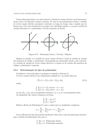 ANTENA PARA COMUNICAÇÕES DSRC 17
Numa polarização linear, em cada instante o módulo do campo eléctrico varia harmonica-
mente, mas a sua direcção é sempre a mesma. No caso de uma polarização circular, o módulo
do vector campo eléctrico permanece constante ao longo do tempo, mas o ângulo que ele
forma com o eixo varia linearmente no tempo com velocidade angular ω, em que o sentido de
rotação determina se a polarização é circular esquerda ou direita.
Figura 2.15: Polarização Linear / Circular / Elı́ptica
Quanto ao sentido, se o sentido do vector campo eléctrico é igual ao sentido de rotação
dos ponteiros do relógio, a polarização é denominada por polarização direita, pelo contrario,
se o sentido de rotação do vector campo eléctrico é o oposto ao de rotação dos ponteiros do
relógio a polarização é esquerda.
2.3.1 Determinação do tipo de polarização
Considere-se uma onda plana a propagar-se segundo a direcção ~
az.
O vector campo eléctrico tem componentes segundo ~
ax e ~
ay sendo dado por:
~
E(z, t) = Ex(z, t)~
ax + Ey(z, t)~
ay (2.15)
sendo,

Ex(z, t) = Exo cos(wt − kz + φx)
Ey(z, t) = Eyo cos(wt − kz + φy)
em que Exo e Eyo são as amplitudes máximas e φx e φy as correspondentes fases.
As amplitudes são valores complexos na forma:
(
~
Ex = Exoejφx
~
Ey = Eyoejφy
Define-se Razão de Polarização P, como a razão entre as amplitudes complexas:
P =
~
Ey
~
Ex
=
Eyo
Exo
ej(φy−φx)
=
Eyo
Exo
ej∆φ
Com a diferença de fase ∆φ podemos facilmente saber quer o tipo de polarização existente,
quer o sentido da polarização visto que se:

∆φ  0 Polarização direita
∆φ  0 Polarização esquerda
 