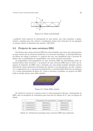ANTENA PARA COMUNICAÇÕES DSRC 33
Figura 3.4: Ondas superficiais[6]
a melhorar certos aspectos no desempenho de uma antena, tais como aumentar o ganho,
reduzir a radiação para trás, reduzir o acoplamento mútuo entre elementos de um agregado
ou mesmo reduzir as dimensões das antenas. [13][14][15]
3.5 Projecto de uma estrutura EBG
Nos últimos anos várias estruturas EBG têm sido estudadas, mas como visto anteriormente
as mais comuns são as estruturas mushroom e as estruturas uni-planar. A principal diferença
da última em relação à primeira é a ausência das vias, que simplificam quer o processo de
fabrico quer a possibilidade de compatibilizar com outros circuitos microondas.
As propriedades electromagnéticas de uma estrutura EBG são determinadas pelas di-
mensões fı́sicas desta estrutura, e no projecto de uma estrutura EBG para se obter um di-
agrama de dispersão do EBG como o desejado com uma banda proibida desejada existem
basicamente quatro parâmetros principais que afectam o seu desempenho, são eles a largura
(w), o espaçamento (g), a espessura do substrato(h) e a permitividade dieléctrica do substrato
(r) e estão representados da figura 3.5. Como a estrutura é periódica, no projecto do EBG
pode-se estudar apenas uma célula unitária.
Figura 3.5: Célula EBG unitária
Na tabela 3.1 resume-se a maneira como os vários parâmetros afectam o desempenho do
EBG, quer na frequência de ressonância para uma fase de reflexão de 0o, quer na largura de
banda.
Frequência de ressonância Largura de banda
w aumenta(↑) diminui(↓) diminui(↓)
g aumenta(↑) aumenta(↑) aumenta(↑)
h aumenta(↑) diminui(↓) aumenta(↑)
r aumenta(↑) diminui(↓) diminui(↓)
Tabela 3.1: Parâmetros principais numa estrutura EBG tipo mushroom
 