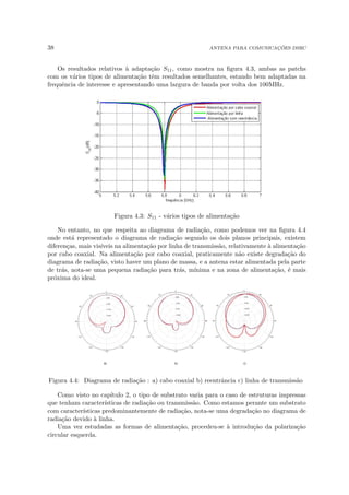38 ANTENA PARA COMUNICAÇÕES DSRC
Os resultados relativos à adaptação S11, como mostra na figura 4.3, ambas as patchs
com os vários tipos de alimentação têm resultados semelhantes, estando bem adaptadas na
frequência de interesse e apresentando uma largura de banda por volta dos 100MHz.
Figura 4.3: S11 - vários tipos de alimentação
No entanto, no que respeita ao diagrama de radiação, como podemos ver na figura 4.4
onde está representado o diagrama de radiação segundo os dois planos principais, existem
diferenças, mais visı́veis na alimentação por linha de transmissão, relativamente à alimentação
por cabo coaxial. Na alimentação por cabo coaxial, praticamente não existe degradação do
diagrama de radiação, visto haver um plano de massa, e a antena estar alimentada pela parte
de trás, nota-se uma pequena radiação para trás, mı́nima e na zona de alimentação, é mais
próxima do ideal.
Figura 4.4: Diagrama de radiação : a) cabo coaxial b) reentrância c) linha de transmissão
Como visto no capı́tulo 2, o tipo de substrato varia para o caso de estruturas impressas
que tenham caracterı́sticas de radiação ou transmissão. Como estamos perante um substrato
com caracterı́sticas predominantemente de radiação, nota-se uma degradação no diagrama de
radiação devido à linha.
Uma vez estudadas as formas de alimentação, procedeu-se à introdução da polarização
circular esquerda.
 