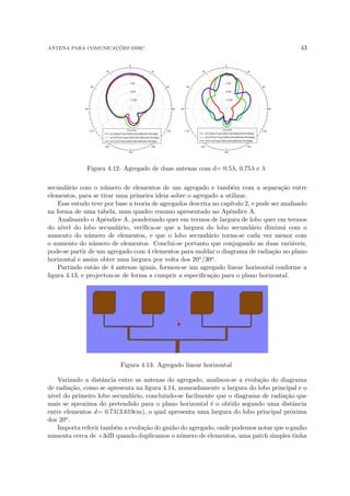 ANTENA PARA COMUNICAÇÕES DSRC 43
Figura 4.12: Agregado de duas antenas com d= 0.5λ, 0.75λ e λ
secundário com o número de elementos de um agregado e também com a separação entre
elementos, para se tirar uma primeira ideia sobre o agregado a utilizar.
Esse estudo teve por base a teoria de agregados descrita no capı́tulo 2, e pode ser analisado
na forma de uma tabela, num quadro resumo apresentado no Apêndice A.
Analisando o Apêndice A, ponderando quer em termos de largura de lobo quer em termos
do nı́vel do lobo secundário, verifica-se que a largura do lobo secundário diminui com o
aumento do número de elementos, e que o lobo secundário torna-se cada vez menor com
o aumento do número de elementos. Conclui-se portanto que conjugando as duas variáveis,
pode-se partir de um agregado com 4 elementos para moldar o diagrama de radiação no plano
horizontal e assim obter uma largura por volta dos 20o/30o.
Partindo então de 4 antenas iguais, formou-se um agregado linear horizontal conforme a
figura 4.13, e projectou-se de forma a cumprir a especificação para o plano horizontal.
Figura 4.13: Agregado linear horizontal
Variando a distância entre as antenas do agregado, analisou-se a evolução do diagrama
de radiação, como se apresenta na figura 4.14, nomeadamente a largura do lobo principal e o
nı́vel do primeiro lobo secundário, concluindo-se facilmente que o diagrama de radiação que
mais se aproxima do pretendido para o plano horizontal é o obtido segundo uma distância
entre elementos d= 0.7λ(3.619cm), o qual apresenta uma largura do lobo principal próxima
dos 20o.
Importa referir também a evolução do ganho do agregado, onde podemos notar que o ganho
aumenta cerca de +3dB quando duplicamos o número de elementos, uma patch simples tinha
 