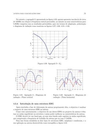 ANTENA PARA COMUNICAÇÕES DSRC 51
No entanto, o agregado 3, apresentado na figura 4.33, apenas apresenta um desvio de cerca
de 10MHz em relação à frequência central pretendida, no entanto as suas caracterı́sticas para
5.8GHz cumprem com os resultados pretendidos, quer em termos de adaptação, polarização
e diagrama de radiação como mostram as figuras 4.27, 4.30, 4.31 e 4.32.
Figura 4.30: Agregado 3 - S11
Figura 4.31: Agregado 3 - Diagrama de
radiação - Plano vertical
Figura 4.32: Agregado 3 - Diagrama de
radiação - Plano horizontal
4.3.4 Introdução de uma estrutura EBG
Após concluı́da a fase de elaboração da antena propriamente dita, o objectivo é analisar
o impacto de uma estrutura EBG na antena.
Como visto anteriormente, o objectivo do uso destes EBGs no projecto da antena é elim-
inar as ondas superficiais na estrutura e assim poder melhorar as caracterı́sticas da antena.
O EBG deverá ter um band gap, ou seja uma banda onde suprima as ondas superficiais,
que compreenda a frequência de trabalho da antena que no caso é 5.8GHz.
Para isso foram estudadas os dois tipos de estruturas EBG, uniplanar e mushroom, e a
sua aplicação na antena desenvolvida como exemplifica a figura 4.34.
 