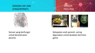 SENSOR CAP JARI
(FINGERPRINT)
Sensor yang berfungsi
untuk keselamatan
peranti.
SENSOR
PECUTAN
Ketepatan arah peranti. sering
digunakan untuk keadaan bermain
game
 