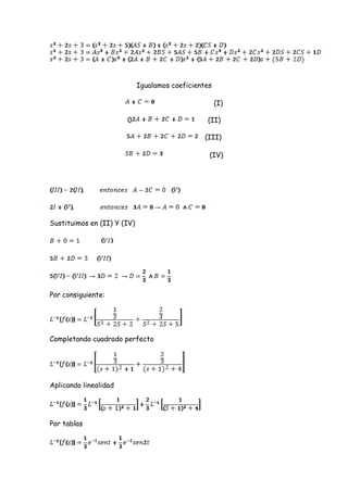 Igualamos coeficientes

                                                      (I)

                       0                         (II)

                                                 (III)

                                                  (IV)




Sustituimos en (II) Y (IV)




Por consiguiente:




Completando cuadrado perfecto




Aplicando linealidad




Por tablas
 