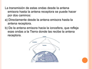 La transmisión de estas ondas desde la antena
  emisora hasta la antena receptora se puede hacer
  por dos caminos:
a) Directamente desde la antena emisora hasta la
  antena receptora.
b) De la antena emisora hacia la ionosfera, que refleja
  esas ondas a la Tierra donde las recibe la antena
  receptora.
 