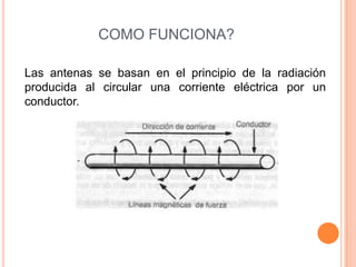 COMO FUNCIONA?

Las antenas se basan en el principio de la radiación
producida al circular una corriente eléctrica por un
conductor.
 