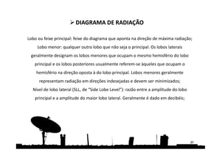Lobo ou feixe principal: feixe do diagrama que aponta na direção de máxima radiação;
Lobo menor: qualquer outro lobo que não seja o principal. Os lobos laterais
geralmente designam os lobos menores que ocupam o mesmo hemisfério do lobo
principal e os lobos posteriores usualmente referem-se àqueles que ocupam o
hemisfério na direção oposta à do lobo principal. Lobos menores geralmente
representam radiação em direções indesejadas e devem ser minimizados;
Nível de lobo lateral (SLL, de “Side Lobe Level”): razão entre a amplitude do lobo
principal e a amplitude do maior lobo lateral. Geralmente é dado em decibéis;
27
DIAGRAMA DE RADIAÇÃODIAGRAMA DE RADIAÇÃO
 