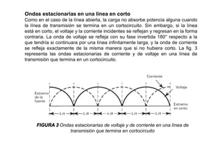 Ondas estacionarias en una línea en corto
Como en el caso de la línea abierta, la carga no absorbe potencia alguna cuando
la línea de transmisión se termina en un cortocircuito. Sin embargo, si la línea
está en corto, el voltaje y la corriente incidentes se reflejan y regresan en la forma
contraria. La onda de voltaje se refleja con su fase invertida 180° respecto a la
que tendría si continuara por una línea infinitamente larga, y la onda de corriente
se refleja exactamente de la misma manera que si no hubiera corto. La fig. 3
representa las ondas estacionarias de corriente y de voltaje en una línea de
transmisión que termina en un cortocircuito.
FIGURA 3 Ondas estacionarias de voltaje y de corriente en una línea de
transmisión que termina en cortocircuito
 