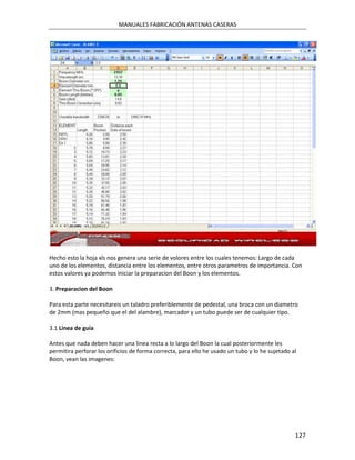 MANUALES FABRICACIÓN ANTENAS CASERAS




Hecho esto la hoja xls nos genera una serie de volores entre los cuales tenemos: Largo de cada
uno de los elementos, distancia entre los elementos, entre otros parametros de importancia. Con
estos valores ya podemos iniciar la preparacion del Boon y los elementos.

3. Preparacion del Boon

Para esta parte necesitareis un taladro preferiblemente de pedestal, una broca con un diametro
de 2mm (mas pequeño que el del alambre), marcador y un tubo puede ser de cualquier tipo.

3.1 Linea de guia

Antes que nada deben hacer una linea recta a lo largo del Boon la cual posteriormente les
permitira perforar los orificios de forma correcta, para ello he usado un tubo y lo he sujetado al
Boon, vean las imagenes:




                                                                                                 127
 