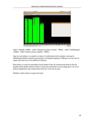 MANUALES FABRICACIÓN ANTENAS CASERAS




señal 1 biquadc:-28dbm señal 2 biquad con plano circular: -30dbm señal 3 doblebiquad:
-24dbm. señal 4 antena interna original: -44dbm

Aqui en esta ultima si se puede ver mejor el rendimiento de las antenas vean que la
doblebiquad deberia superar teoricamente a la biquad simple por 2dB pero en este caso la
supero por mas tal vez sea debido al reflector.

Bien ahora si ya por he terminado el post desde la fase de construccion hasta la fase de
pruebas ahora queda subirla al techo y tratar de conectarme con un colega que vive en un
edifico alejado pero que tienen buena linea de vista con mi casa.

Saludos a todos espero os guste este post




                                                                                           29
 
