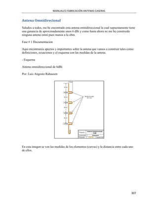 MANUALES FABRICACIÓN ANTENAS CASERAS


Antena Omnidirecional
Saludos a todos, me he encontrado esta antena omnidireccional la cual supuestamente tiene
una ganancia de aproximadamente unos 6 dBi y como hasta ahora no me he construido
ninguna antena omni pues manos a la obra.

Fase # 1 Documentacion

Aqui encontrareis apectos y importantes sobre la antena que vamos a construir tales como:
definiciones, ecuaciones y el esquema con las medidas de la antena.

- Esquema

Antena omnidireccional de 6dBi

Por: Luis Angosto Rahausen




En esta imagen se ven las medidas de los elementos (curvas) y la distancia entre cada uno
de ellos.




                                                                                       307
 