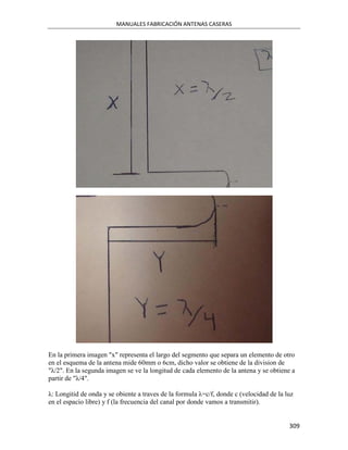 MANUALES FABRICACIÓN ANTENAS CASERAS




En la primera imagen "x" representa el largo del segmento que separa un elemento de otro
en el esquema de la antena mide 60mm o 6cm, dicho valor se obtiene de la division de
"λ/2". En la segunda imagen se ve la longitud de cada elemento de la antena y se obtiene a
partir de "λ/4".

λ: Longitid de onda y se obiente a traves de la formula λ=c/f, donde c (velocidad de la luz
en el espacio libre) y f (la frecuencia del canal por donde vamos a transmitir).


                                                                                         309
 