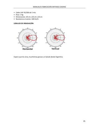 MANUALES FABRICACIÓN ANTENAS CASERAS


•   Cable UHF 95/30A de 5 mts
•   Peso: 1 Kg
•   Dimensiones: 20 cm x 20 cm x 10 cm
•   Resistencia al viento: 100 Km/h

LOBULOS DE IRRADIACIÓN




Espero que les sirva, muchísimas gracias un Saludo desde Argentina.




                                                                      35
 