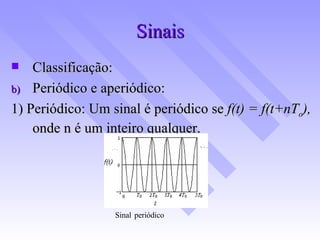 Sinais Classificação: Periódico e aperiódico: 1) Periódico: Um sinal é periódico se  f(t) = f(t+nT o ),  onde n é um inteiro qualquer. Sinal  periódico   