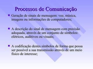 Processos de Comunicação Geração de sinais de mensagem: voz, música, imagens ou informações de computadores; A descrição do sinal de mensagem com precisão adequada, através de um conjunto de símbolos: elétricos, auditivos ou visuais; A codificação destes símbolos de forma que possa ser possível a sua transmissão através de um meio físico de interesse; 
