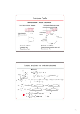 Antenas de Cuadro

                                     Distribuciones de Corriente Aproximadas
       Espira eléctricamente pequeña:                                                       Espira eléctricamente grande:

                                                                                                          l=λ/2

                                                                          Línea larga
    Aproximación                          l<<λ
                                                                          en c.c.                         Nulo
    de línea corta en
    c.c.                                                                                                                        Máximo

                                                                             Máximo
                                                                                                          Nulo
          •Corriente uniforme                                               •Corriente no uniforme
          •Diagrama útil                                                    •Diagrama multilobulado poco útil
          •Rendimiento bajo                                                 •Rendimiento alto




                         Antenas de cuadro con corriente uniforme

                                               Potencial:
                   z                           r                                             r
                                                   µ e − jkr           r              r
                                                                 ∫ I ( r ′ )e
                                                                                jkr ⋅ r ′
                                                                                  $
                           θ                   A=                                           dl ′ =
                                                   4π r            C′

      I(φ ′ ) = I 0              r
                                                   µ e − jkr         2π
                                                 =               ∫  I 0 ( − x sen φ ′ + y cos φ ′ )e jkb sen θ cos( φ −φ ′ ) bdφ ′
                                                                            $           $
                    r’      b                      4π r            −0   144 2444 4            3
                                                                                    $
                                                                                    φ′
              φ’                                   r
                                               r ⋅ r ′ = ( sen θ cos φ x + sen θ sen φ y + cos θz) ⋅ ( b cos φ ′x + b sen φ′y) =
                                               $                         $                 $            $                     $    $
x             φ                            y          = b cos θ cos( φ − φ′ )

          µ e − jkr                      2π             jkb sen θ cos ( φ − φ ′ )               2π         jkb sen θ cos( φ − φ′ )
    Aθ =            I 0 b cos θ[cos φ ∫ − sen φ ′e                                dφ ′ + sen φ ∫ cos φ′e                           dφ ′ ]
         4π r                           −0
                                      14444244443                                               −0
                                                                                               1444 24444 4                         3
             − jkr
                                                         Ix                                                  Iy
         µ e                       2π                                                      2π
    Aφ =            I 0 b[− sen φ ∫ − sen φ ′e jkb sen θ cos( φ −φ ′ ) dφ′ + cos φ ∫ cos φ ′e jkb sen θ cos( φ − φ ′ ) dφ ′]
         4π r                      −0
                                  14444244443                                              −0
                                                                                          1444 244444                      3
                                                    Ix                                                  Iy
                                      − jkr
                                 µ e                      2π
                          Aθ =              I 0 b cos θ ∫ sen( φ − φ ′ )e jkb sen θ cos( φ − φ ′ ) dφ ′
                                4π r                     −0

                                 µ e − jkr         2π
                          Aφ =              I 0 b ∫ cos( φ − φ ′ )e jkb sen θ cos( φ − φ ′ )dφ ′
                                4π r               −0




                                                                                                                                            16
 