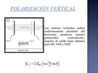 POLARIZACION VERTICAL La polarización que se muestra es polarización vertical, ya que las líneas de fuerza del campo eléctrico están perpendiculares a la superficie horizontal de la tierra.Propagación de la energía electromagnética polarizada verticalmente