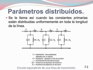 Parámetros distribuidos.
 Se le llama así cuando las constantes primarias
están distribuidas uniformemente en toda la longitud
de la línea.
24Circuito equivalente de una línea de transmisión.
 