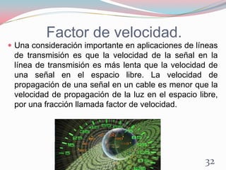 Factor de velocidad.
 Una consideración importante en aplicaciones de líneas
de transmisión es que la velocidad de la señal en la
línea de transmisión es más lenta que la velocidad de
una señal en el espacio libre. La velocidad de
propagación de una señal en un cable es menor que la
velocidad de propagación de la luz en el espacio libre,
por una fracción llamada factor de velocidad.
32
 