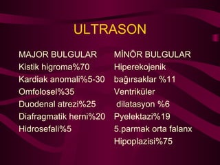 ULTRASON MAJOR BULGULAR Kistik higroma%70  Kardiak anomali%5-30 Omfolosel%35 Duodenal atrezi%25 Diafragmatik herni%20 Hidrosefali%5 MİNÖR BULGULAR Hiperekojenik bağırsaklar %11 Ventriküler dilatasyon %6 Pyelektazi%19 5.parmak orta falanx Hipoplazisi%75 