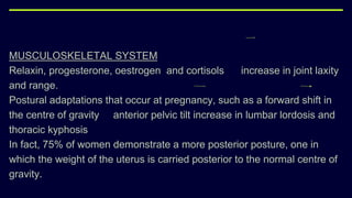 MUSCULOSKELETAL SYSTEM
Relaxin, progesterone, oestrogen and cortisols increase in joint laxity
and range.
Postural adaptations that occur at pregnancy, such as a forward shift in
the centre of gravity anterior pelvic tilt increase in lumbar lordosis and
thoracic kyphosis
In fact, 75% of women demonstrate a more posterior posture, one in
which the weight of the uterus is carried posterior to the normal centre of
gravity.
 