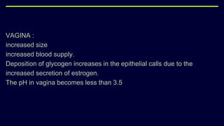 VAGINA :
increased size
increased blood supply.
Deposition of glycogen increases in the epithelial calls due to the
increased secretion of estrogen.
The pH in vagina becomes less than 3.5
 