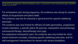 Treatments for pregnancy-related lumbopelvic pain: a systematic review of physiotherapy modalities
Gutke A et al, 2015
For lumbopelvic pain during pregnancy, the evidence was strong for positive
effects of acupuncture and pelvic belts.
The evidence was low for exercise in general and for specific stabilizing
exercises.
The evidence was very limited for efficacy of water gymnastics, progressive
muscle relaxation, a specific pelvic tilt exercise, osteopathic manual therapy,
craniosacral therapy, electrotherapy and yoga.
For postpartum lumbopelvic pain, the evidence was very limited for clinic-
based treatment concepts, including specific stabilizing exercises, and for
self-management interventions for women with severe disabilities.
 