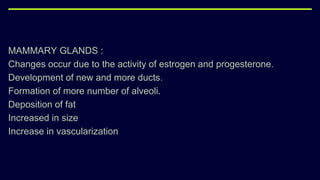 MAMMARY GLANDS :
Changes occur due to the activity of estrogen and progesterone.
Development of new and more ducts.
Formation of more number of alveoli.
Deposition of fat
Increased in size
Increase in vascularization
 