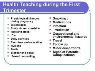 Health Teaching during the First
Trimester
 Physiological changes
during pregnancy
 Weight gain
 Fresh air and sunshine
 Rest and sleep
 Diet
 Daily activities
 Exercises and relaxation
 Hygiene
 Teeth
 Bladder and bowel
 Sexual counseling
 Smoking :
 Medications
 Infection
 Irradiation
 Occupational and
environmental hazards
 Travel
 Follow up
 Minor discomforts
 Signs of Potential
Complications
 