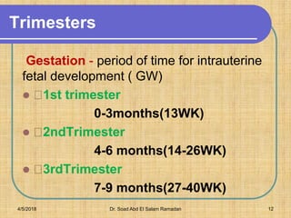 Trimesters
Gestation - period of time for intrauterine
fetal development ( GW)
 1st trimester
0-3months(13WK)
 2ndTrimester
4-6 months(14-26WK)
 3rdTrimester
7-9 months(27-40WK)
4/5/2018 Dr. Soad Abd El Salam Ramadan 12
 