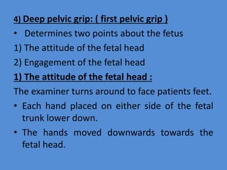 4) Deep pelvic grip: ( first pelvic grip )
• Determines two points about the fetus
1) The attitude of the fetal head
2) Engagement of the fetal head
1) The attitude of the fetal head :
The examiner turns around to face patients feet.
• Each hand placed on either side of the fetal
trunk lower down.
• The hands moved downwards towards the
fetal head.
 