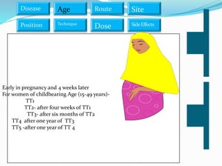 Disease Age Route
Dose SideEffects
Site
Technique
Position
Early in pregnancy and 4 weeks later
For women of childbearing Age (15-49 years)-
TT1
TT2- after four weeks of TT1
TT3- after six months of TT2
TT4 after one year of TT3
TT5 -after one year of TT 4
 