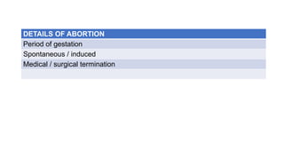 DETAILS OF ABORTION
Period of gestation
Spontaneous / induced
Medical / surgical termination
 