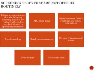 Inform pregnant women
that the following
screening tests are not
routinely offered, but
may be indicated in
special circumstances:
ABO blood group
Triple screen for Down’s
syndrome and neural
tube defects
Rubella serology Blood glucose screening
Cervical (Papanicolaou)
smear
Urine culture Ultrasound scan
 