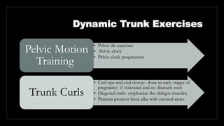 Dynamic Trunk Exercises
• Pelvic tilt exercises
• Pelvic clock
• Pelvic clock progression
Pelvic Motion
Training
• Curl-ups and curl downs- done in early stages of
pregnancy- if tolerated and no diastasis recti
• Diagonal curls- emphasize the oblique muscles.
• Patients protects linea alba with crossed arms.
Trunk Curls
 
