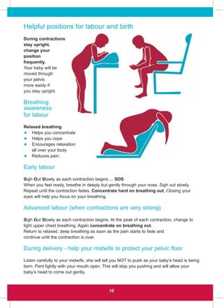 Helpful positions for labour and birth
During contractions
stay upright,
change your
position
frequently.
Your baby will be
moved through
your pelvis
more easily if
you stay upright.
Breathing
awareness
for labour
Relaxed breathing
• Helps you concentrate
• Helps you cope
• Encourages relaxation
all over your body
• Reduces pain.
Early labour
Sigh Out Slowly as each contraction begins ... SOS
When you feel ready, breathe in deeply but gently through your nose. Sigh out slowly.
Repeat until the contraction fades. Concentrate hard on breathing out. Closing your
eyes will help you focus on your breathing.
Advanced labour (when contractions are very strong)
Sigh Out Slowly as each contraction begins. At the peak of each contraction, change to
light upper chest breathing. Again concentrate on breathing out.
Return to relaxed, deep breathing as soon as the pain starts to fade and
continue until the contraction is over.
During delivery - help your midwife to protect your pelvic floor
Listen carefully to your midwife, she will tell you NOT to push as your baby’s head is being
born. Pant lightly with your mouth open. This will stop you pushing and will allow your
baby’s head to come out gently.
10
 