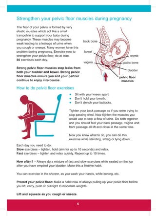 Strengthen your pelvic floor muscles during pregnancy
The floor of your pelvis is formed by very
elastic muscles which act like a small
trampoline to support your baby during
pregnancy. These muscles may become
weak leading to a leakage of urine when
you cough or sneeze. Many women have this
problem during pregnancy. Exercise now to
strengthen your pelvic floor, do at least
80 exercises each day.
Strong pelvic floor muscles stop leaks from
both your bladder and bowel. Strong pelvic
floor muscles ensure you and your partner
continue to enjoy intercourse.
How to do pelvic floor exercises
Each day you need to do:
Slow exercises – tighten, hold (aim for up to 10 seconds) and relax.
Fast exercises – tighten and relax quickly. Repeat up to 10 times.
How often? – Always do a mixture of fast and slow exercises while seated on the loo
after you have emptied your bladder. Make this a lifetime habit.
You can exercise in the shower, as you wash your hands, while ironing, etc.
Protect your pelvic floor: Make a habit now of always pulling up your pelvic floor before
you lift, carry, push or pull light to moderate weights.
Lift and squeeze as you cough or sneeze.
5
• Sit with your knees apart.
• Don’t hold your breath.
• Don’t clench your buttocks.
Tighten your back passage as if you were trying to
stop passing wind. Now tighten the muscles you
would use to stop a flow of urine. Do both together
and you should feel your back passage, vagina and
front passage all lift and close at the same time.
Now you know what to do, you can do this
exercise while standing, sitting or lying down.
womb
pubic bone
bladder
pelvic floor
muscles
back bone
bowel
vagina
 