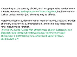 •Depending on the severity of OHA, fetal imaging may be needed every
4 weeks. However, in the presence of increasing OHA, fetal intervention
such as vesicoamniotic (VA) shunting may be offered.
•Fetal vesicocentesis, done on two or more occasions, allows estimation
of urinary electrolytes, b2 microglobulin, and osmolality that predict
renal maturity and function.
( Morris RK, Ruano R, Kilby MD. Effectiveness of fetal cystoscopy as a
diagnostic and therapeutic intervention for lower urinary tract
obstruction: a systematic review. Ultrasound Obstet Gynecol.
2011;37:629–37)
 