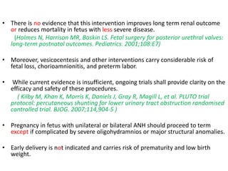 • There is no evidence that this intervention improves long term renal outcome
or reduces mortality in fetus with less severe disease.
(Holmes N, Harrison MR, Baskin LS. Fetal surgery for posterior urethral valves:
long-term postnatal outcomes. Pediatrics. 2001;108:E7)
• Moreover, vesicocentesis and other interventions carry considerable risk of
fetal loss, chorioamnionitis, and preterm labor.
• While current evidence is insufficient, ongoing trials shall provide clarity on the
efficacy and safety of these procedures.
( Kilby M, Khan K, Morris K, Daniels J, Gray R, Magill L, et al. PLUTO trial
protocol: percutaneous shunting for lower urinary tract obstruction randomised
controlled trial. BJOG. 2007;114,904-5 )
• Pregnancy in fetus with unilateral or bilateral ANH should proceed to term
except if complicated by severe oligohydramnios or major structural anomalies.
• Early delivery is not indicated and carries risk of prematurity and low birth
weight.
 