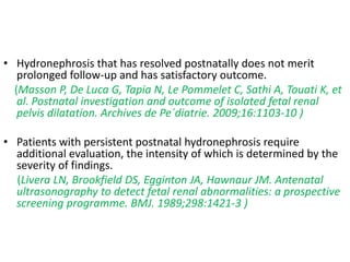 • Hydronephrosis that has resolved postnatally does not merit
prolonged follow-up and has satisfactory outcome.
(Masson P, De Luca G, Tapia N, Le Pommelet C, Sathi A, Touati K, et
al. Postnatal investigation and outcome of isolated fetal renal
pelvis dilatation. Archives de Pe´diatrie. 2009;16:1103-10 )
• Patients with persistent postnatal hydronephrosis require
additional evaluation, the intensity of which is determined by the
severity of findings.
(Livera LN, Brookfield DS, Egginton JA, Hawnaur JM. Antenatal
ultrasonography to detect fetal renal abnormalities: a prospective
screening programme. BMJ. 1989;298:1421-3 )
 