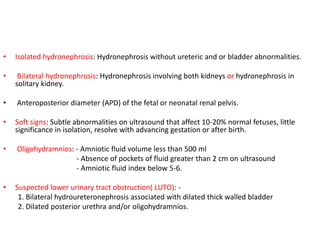 • Isolated hydronephrosis: Hydronephrosis without ureteric and or bladder abnormalities.
• Bilateral hydronephrosis: Hydronephrosis involving both kidneys or hydronephrosis in
solitary kidney.
• Anteroposterior diameter (APD) of the fetal or neonatal renal pelvis.
• Soft signs: Subtle abnormalities on ultrasound that affect 10-20% normal fetuses, little
significance in isolation, resolve with advancing gestation or after birth.
• Oligohydramnios: - Amniotic fluid volume less than 500 ml
- Absence of pockets of fluid greater than 2 cm on ultrasound
- Amniotic fluid index below 5-6.
• Suspected lower urinary tract obstruction( LUTO): -
1. Bilateral hydroureteronephrosis associated with dilated thick walled bladder
2. Dilated posterior urethra and/or oligohydramnios.
 