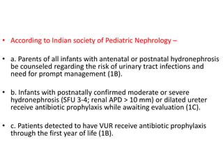 • According to Indian society of Pediatric Nephrology –
• a. Parents of all infants with antenatal or postnatal hydronephrosis
be counseled regarding the risk of urinary tract infections and
need for prompt management (1B).
• b. Infants with postnatally confirmed moderate or severe
hydronephrosis (SFU 3-4; renal APD > 10 mm) or dilated ureter
receive antibiotic prophylaxis while awaiting evaluation (1C).
• c. Patients detected to have VUR receive antibiotic prophylaxis
through the first year of life (1B).
 