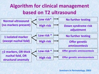 Algorithm for clinical management
based on T2 ultrasound
Normal ultrasound
(no markers present)
1 isolated marker
(except nuchal fold)
>2 markers, OR thick
nuchal fold, OR
structural anomaly
Low risk*
High risk
Low risk *
High risk
Low risk *
High risk
No further testing
Down syndrome risk
adjustment
No further testing
Offer genetic
amniocentesis
Offer genetic amniocentesis
Offer genetic amniocentesis
Seminars in Perinatology, 2003
 