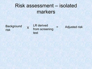 Risk assessment – isolated
markers
Background
risk
LR derived
from screening
test
Adjusted risk
=
X
 