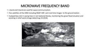 MICROWAVE FREQUENCY BAND
• L band and S band are used for space communication.
• Five satellites of the ISRO including INSAT 3DR sent real time images to the ground station .
• It played key role in saving lives in rain battered Kerala, monitoring the grave flood situation and
assisting in relief work.(Image dated Aug 19,2018).
 