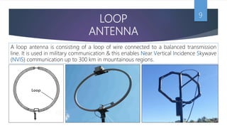 LOOP
ANTENNA
9
A loop antenna is consisting of a loop of wire connected to a balanced transmission
line. It is used in military communication & this enables Near Vertical Incidence Skywave
(NVIS) communication up to 300 km in mountainous regions.
 
