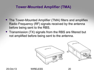 25-Oct-13 WIRELESS 20
Tower-Mounted Amplifier (TMA)
 The Tower-Mounted Amplifier (TMA) filters and amplifies
Radio Frequency (RF) signals received by the antenna
before being sent to the RBS.
 Transmission (TX) signals from the RBS are filtered but
not amplified before being sent to the antenna.
 