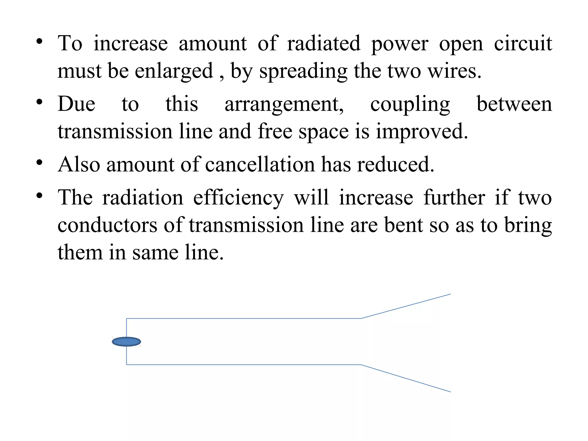 • To increase amount of radiated power open circuit
must be enlarged , by spreading the two wires.
• Due to this arrangement, coupling between
transmission line and free space is improved.
• Also amount of cancellation has reduced.
• The radiation efficiency will increase further if two
conductors of transmission line are bent so as to bring
them in same line.
 