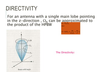DIRECTIVITY
For an antenna with a single main lobe pointing
in the z-direction , WA can be approximated to
the product of the HPBW
e
yz
xz
yz
xz
A
A
D
then
2
A
4
4
/
4

p


p
p




W


W
The Directivity:
 